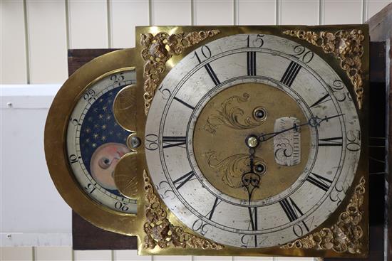 A George III oak and marquetry longcase clock, by Benson, Whitehaven (hood lacking), with weights H.197cm